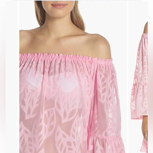 Lilly Pulitzer Nevie Off The Shoulder Cover Dress in Pink Floral Sheer size M - Picture 2 of 15